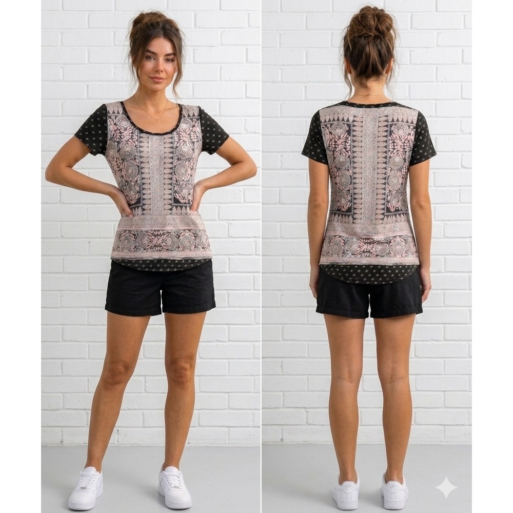 Lucky Brand Womens Top Size M Pink Paisley Floral Burnout Short Sleeve Tee